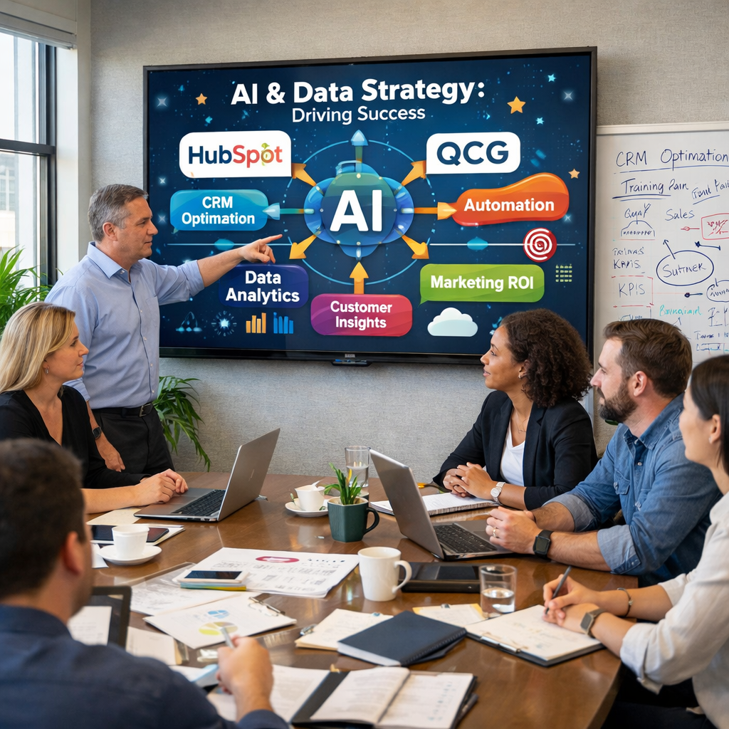 Ein Team bei einer HubSpot KI-Schulung im Büro, darüber eine Grafik, die 75% Lohnkostenerstattung durch das Qualifizierungschancengesetz illustriert.