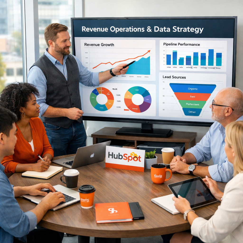 Ein Dashboard zeigt steigende Umsatzkurven (RevOps) daneben ein Infofeld zum Qualifizierungschancengesetz mit dem Hinweis "75% Lohnkostenzuschuss".